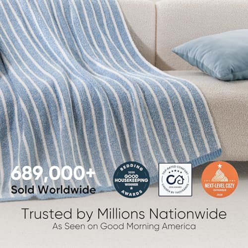 Image of Snuggle Sac Ultra Soft Blue Throw Blanket for Couch, Reversible Cozy Knitted Ribbed Blankets, Fuzzy Knit Striped Throws for Sofa, Bed, Home Decor, Blue 50 inchx60 inch