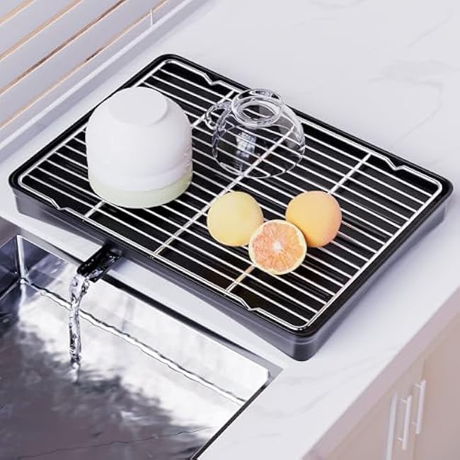 304 Stainless Steel Dish Drying Rack- Space-Saving Dish Rack, Dish Racks for Kitchen Counter, Fruit and Vegetable Drain,11.8''W x 16.5''L, Black