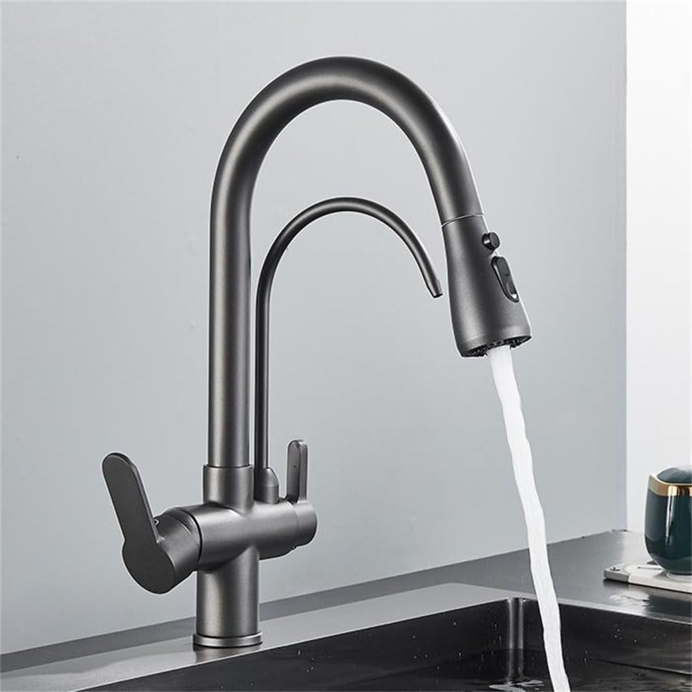 MXXQRHF Mixer Faucet Kitchen Faucet 360° Rotatable Faucet Kitchen Spiral Spring Faucet Pull-Out with Pure Water Deck Installation,Grey