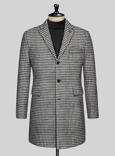 Mens Houndstooth Wool Blend Trench Coat Slim Fit Plaid Suit Jacket Business Casual Blazer Wedding Prom Tuxedo3