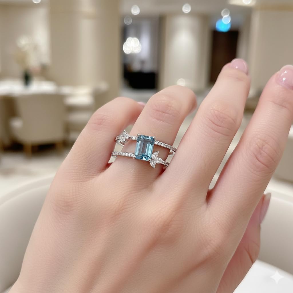 Handmade 925 Sterling Silver Double Strand Emerald Cut Blue Topaz Ring, Minimalist Wedding Engagement Band for Women