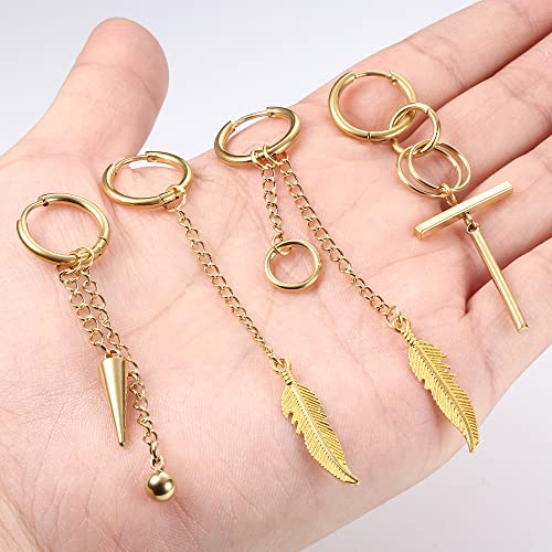 Dolotta 20 Pieces Mens Earrings Stainless Steel Hinged Hoop Earrings Cross Dangle Earrings Stud For Men Women Long Chain Kpop Earrings Setg Gold Tone #TOP6