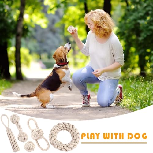 GOMETY 5 PCS Kauen Hundespielzeug Set,Interaktives Kauspielzeug aus Natürlicher Baumwolle,Hundespielzeug Seil mit Knoten Ball,für Kleine Mittlere Große Welpen Katzen Haustier Zahnpflege,Beige Leinen