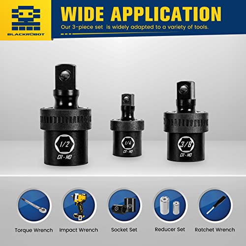 Blackrobot Impact Swivel Socket Set, 3/8" 1/2" 1/4" Drive 3-Piece Set, Cr-Mo Steel Full Impact Grade Universal Joint Socket With Spring Ball #TOP4