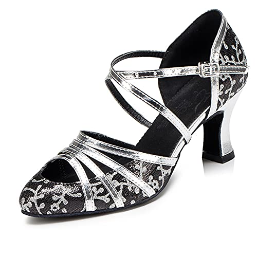 Women's Fashion Ballroom Party Glitter Latin Dance Shoes, Closed Toe Modern Tango Ballroom Dance Shoes, for Wedding Evening Party (Color : Silver 8cm, Size : 6.5)