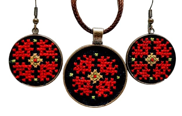 JUEGO DE COLLAR Y ARETES ARTESANALES FLOR ROJA
