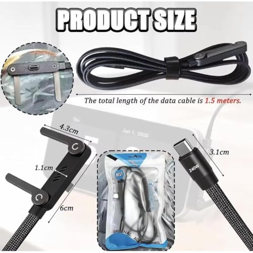 Image of 240W USB-C to USB-C Holder Charging Cable with Foldable Adjustable Metal Phone Stand, 4.9 FT Fast Charging Cable, 360 Rotating Invisible Desk Holder for Gaming, Office, Home & Video Calls