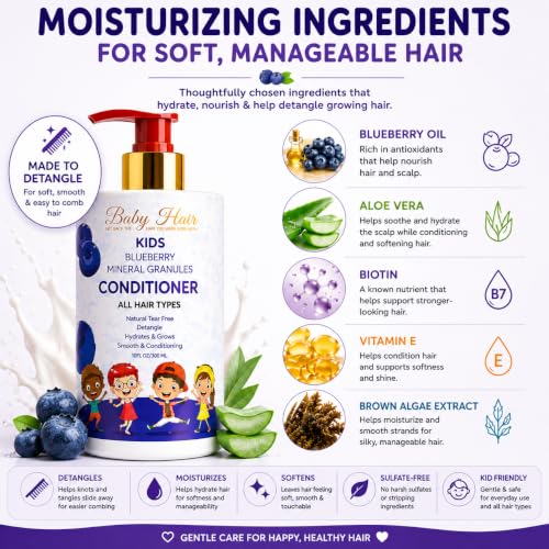 Image of BABY HAIR - Blueberry Mineral Kids Hair Conditioner, Sulfate-Free Toddler Hair Conditioner, Hair Conditioner for Kids with Blueberry & Strawberry Oil, Aloe Vera, and Biotin, 10 fl.oz