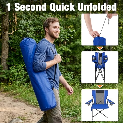 Image of Romswi Portable Folding Camping Chair for Adults, Heavy Duty Outdoor Sports Chair with Dual Cup Holders, Side Pocket and Carry Bag, Camping Chair for Lawn, Beach, Fishing, Picnic and Tailgating,Blue