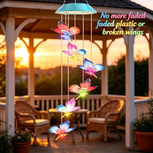 Image of Toodour Solar Wind Chime, Color Changing LED Swaying Butterfly Wind Chimes, Upgrade Butterfly with Fluttering Wings, Waterproof Solar Outdoor Light Decor for Garden Window Patio, Gift for Mom Grandma