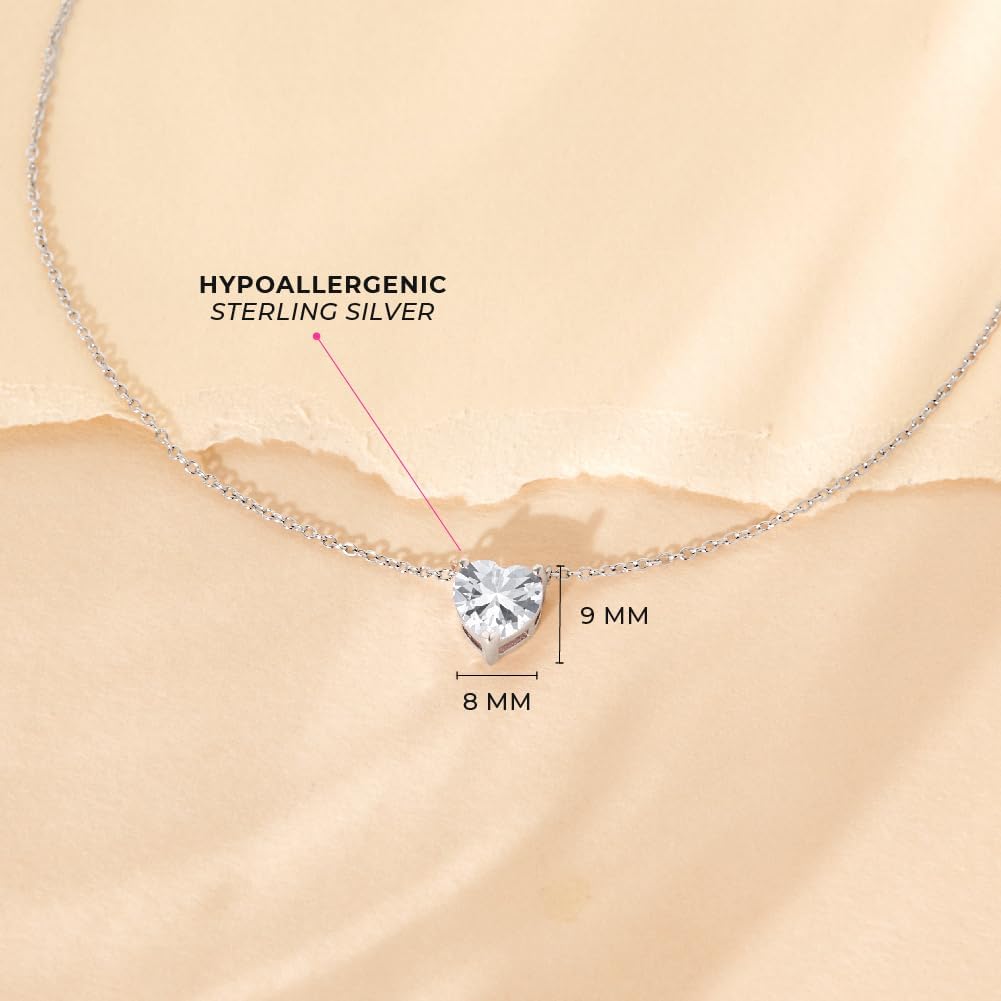 925 Sterling Silver Prong Set Simulated Birthstone Heart Necklace For Young Girls - Beautiful Heart Shaped Jewelry For Girls on Their Special Birthdays