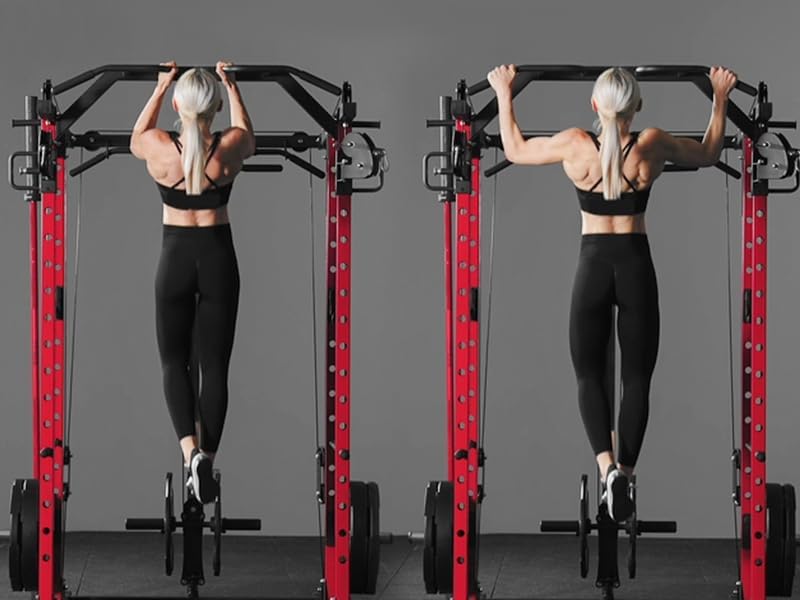 Woman performing pull-ups on the multi-grip bar