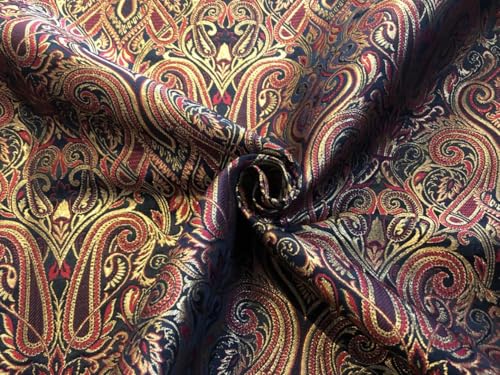 Tissu brocart de soie jacquard au mètre motif cachemire or rouge et noir