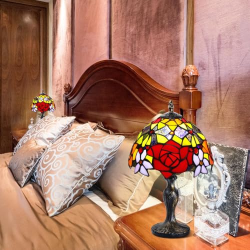 Image of Stained Glass Table Lamp,Stained Glass Crystal Bead Style Table Light,Handmade Desk Bedside Night Light,Antique Art Craft Gifts Lover Living Room Bedroom Bookcase (Peony)