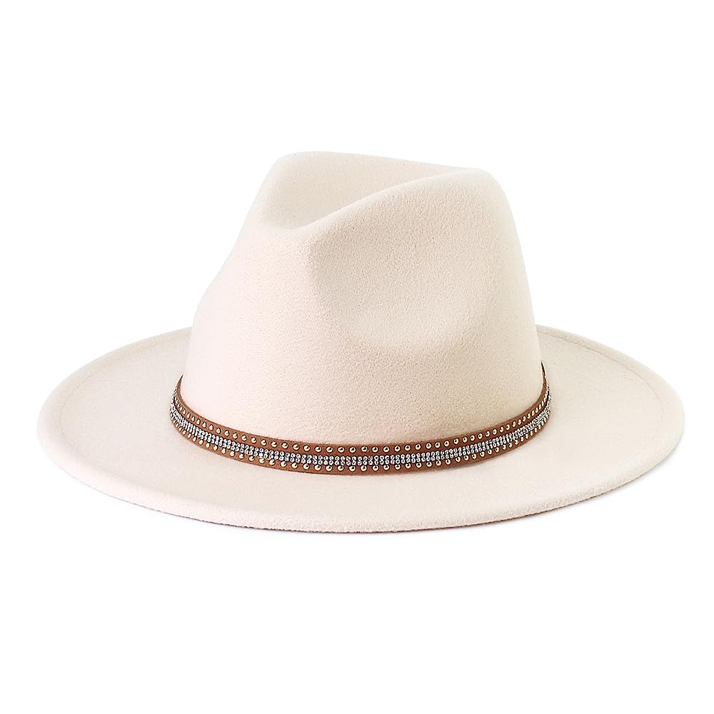 LolliWeaver Women Fashion Flat Wide Brim Teardrop Crown Felt Fedora Hat with Hat Belt