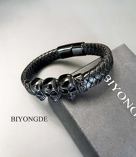 Pulsera trenzada negra con cráneos de acero inoxidable miniatura 4