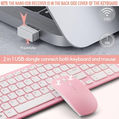 Image of Wireless Keyboard and Mouse Combo, Compact Quiet Wireless Keyboard and Mouse Set 2.4G Ultra-Thin Sleek Design for Windows, Computer, Desktop, PC, Notebook, Laptop (Pink)