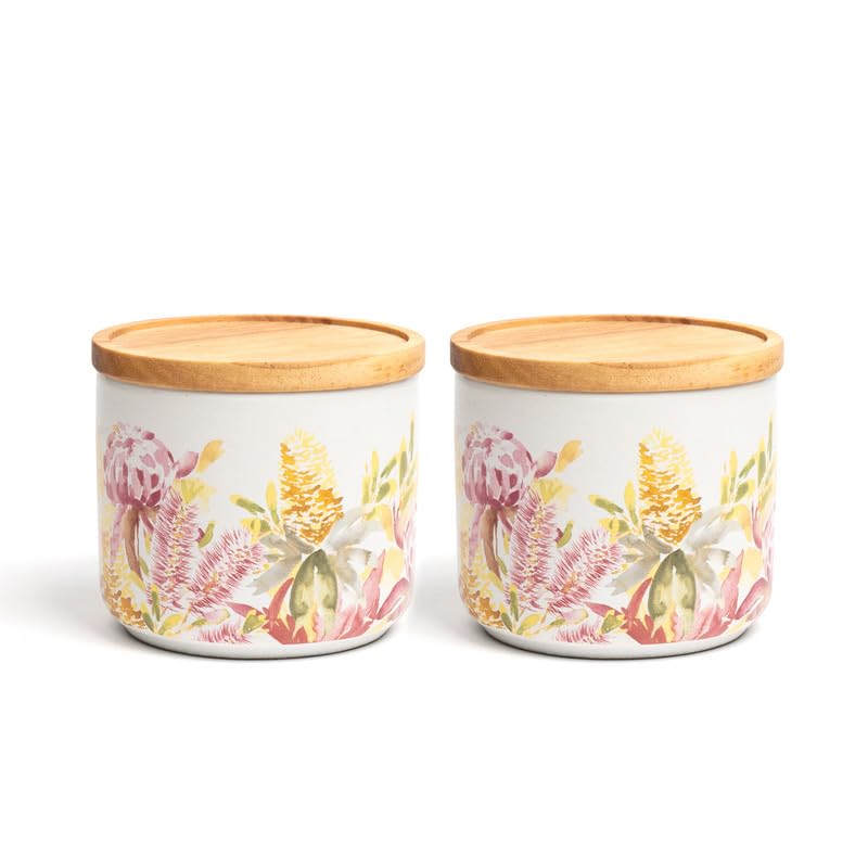 Anko Small Abby Floral 300 ML Canisters - Pack of 2|Ceramic Storage Container with Wood Lid|Jar|Canister |Lid with silicone ring for Air resistance|Ideal for Storing Tea,Coffee & Beans