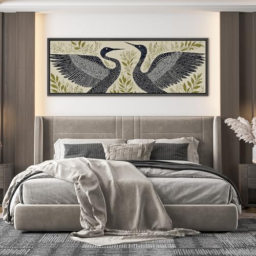 Image of MUDECOR Large Framed Canvas Print Wall Art Modern Crane Birds with Green Botanical Antique Retro Ready to Hang Painting for Living Room Bedroom Multi-Sizes - 60 inchx20 inch