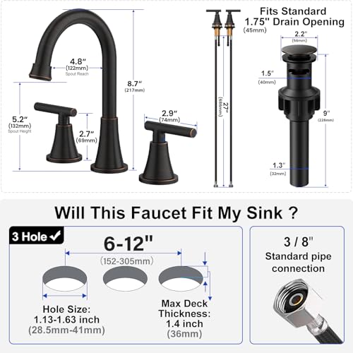 Image of Bathroom Faucet 3 Hole, ORB Faucets with Pop-up Drain and Supply Lines