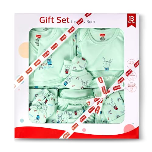 Image of LuvLap Newborn Baby Gift Set of 13, 2 Half Sleeve Jhabla, 2 Rompers, 2 Pyjama, Cap, Mittens, Socks, a washcloth, a Hooded Wrapper, 2 Bibs, Soft Skin Friendly Baby Clothes Set 0-3 Months, Sea Green