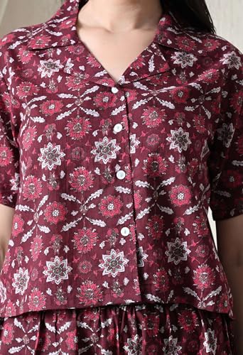 Image of Women Cotton Pajama Set Shirt & Shorts | Co-Ord Night Suit Soft Breathable Printed Sleepwear Lounge Wear Comfortable