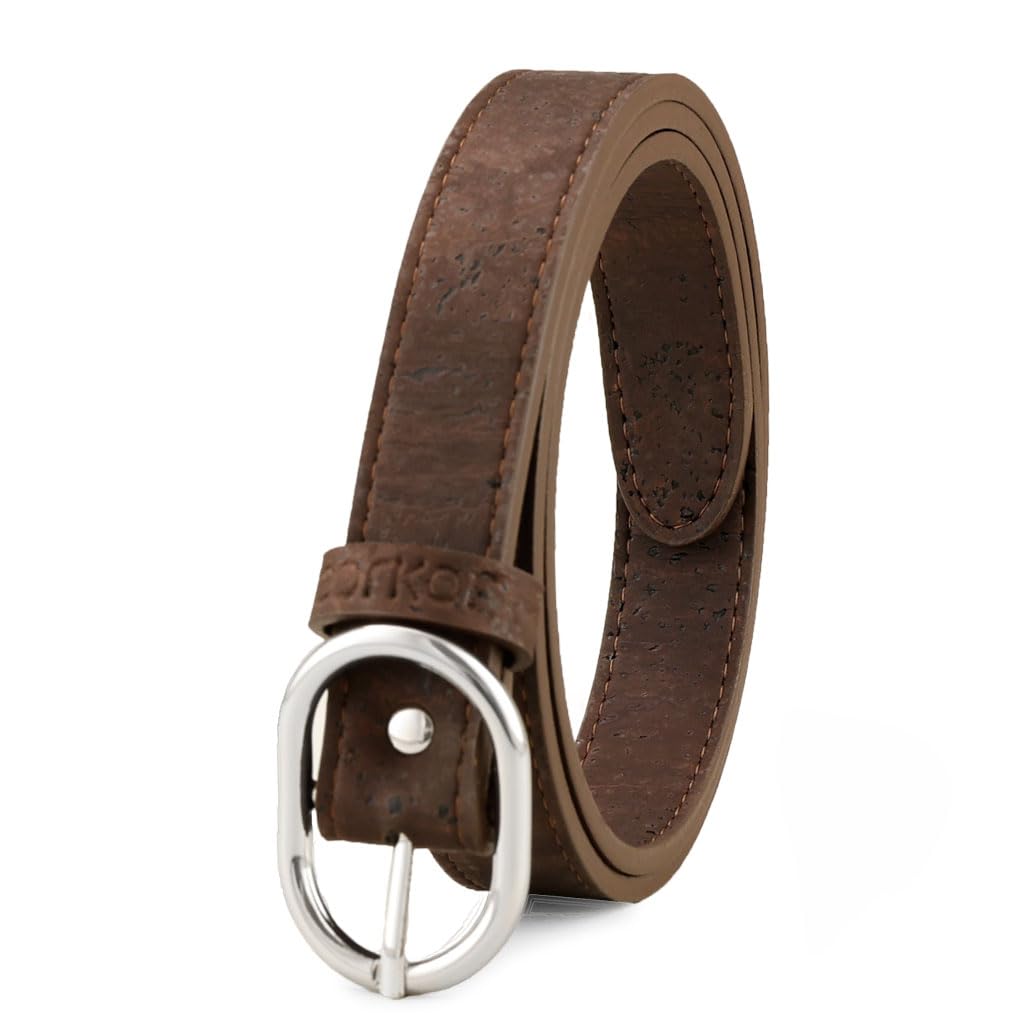 Women Cork Belt – Vegan Leather Dress for Jeans Thin Belt – Cruelty Free-Eco Friendly Brown Black - 0,98" Wide