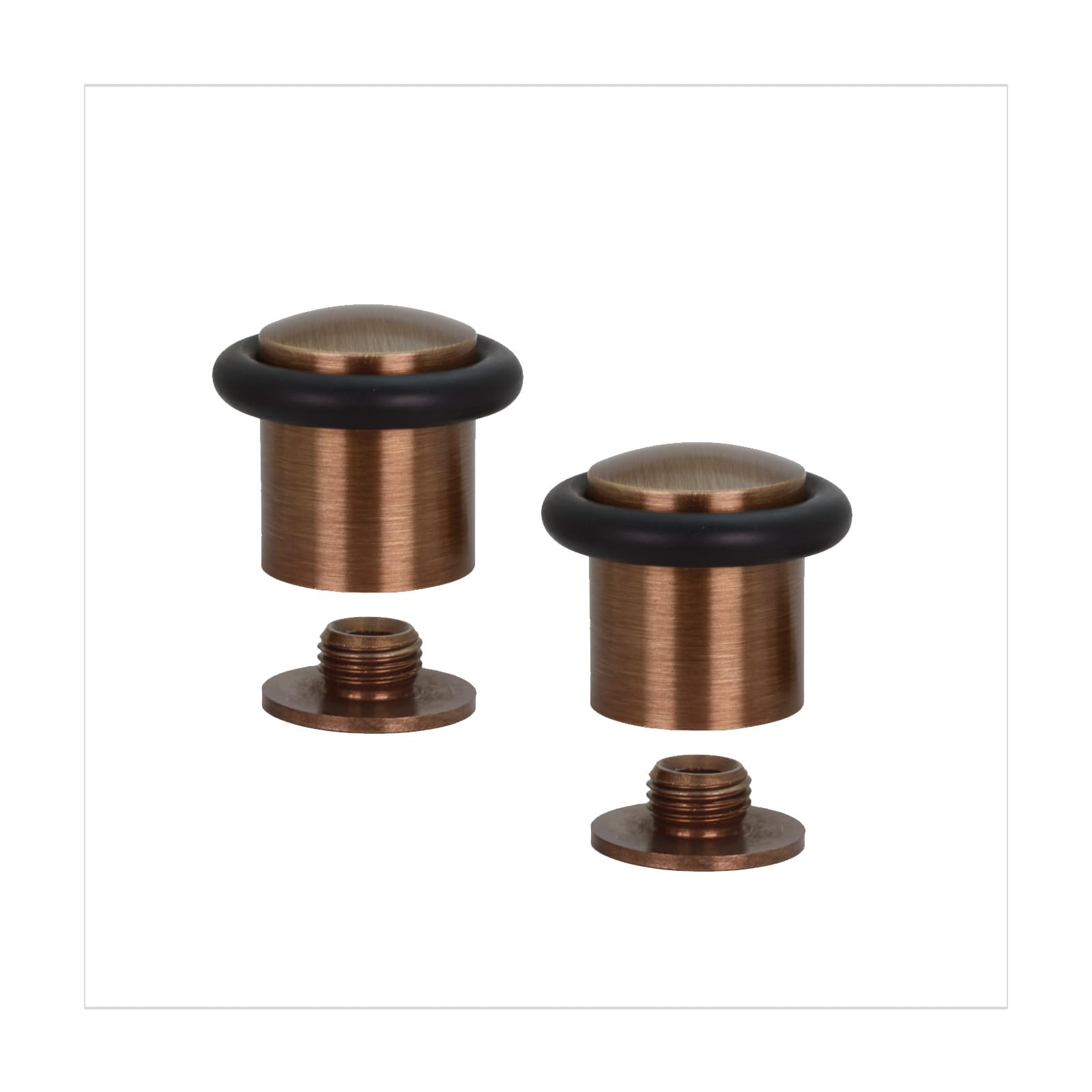 Pack of 2 Door Stops| Threaded Base | Made of Brass | Includes Screw + Mounting Plug | EVI Herrajes I-10824X352U (Brass Leather - Black Rubber, 24mm x 30mm)