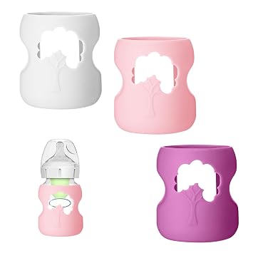 3 Pack Silicone Sleeve for Dr. Brown Wide-Neck Bottle 5 oz, Anti Breakage Bottle Holder for Baby with Tree-Shaped Cutout Design-BPA FreeWhite+Pink+Purple