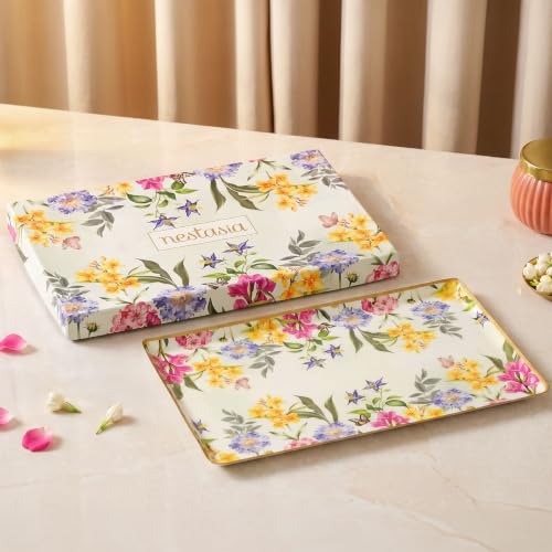 Image of Nestasia Serving Tray with Gift Box (33cm x 23cm) - Elegant Floral Print Platter with Golden Rim for Decoration & Gifting | Food Safe, Rust-Resistant & Premium Finish Tray - Perfect for Home Decor