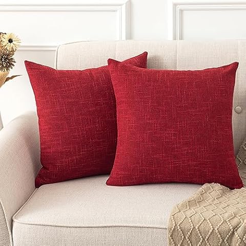 UGASA Christmas Woven Linen Decorative Throw Pillow Covers 18x18 Inch Pack of 2 Farmhouse Neutral Texture Pillowcases for Sofa Couch Bed Garden Outdoor, Wine Red Cover