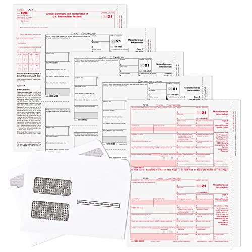 1099 MISC Forms 2021, 4 Part Tax Forms Kit, 25 Vendor Kit of Laser Forms Designed for QuickBooks and Accounting Software, 25 Self Seal Envelopes Included