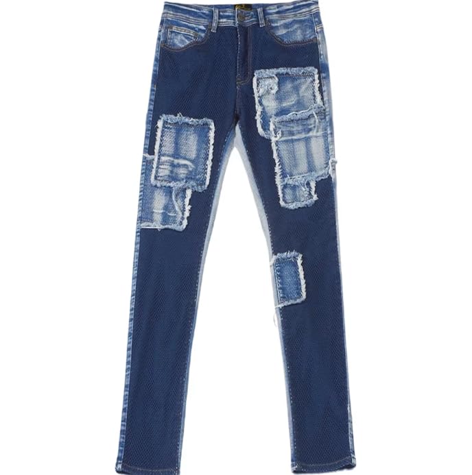 Men's Slim-fit Mid-Rise Jeans with Denim Patching and Distressed Design for A Casual and Hip Look.