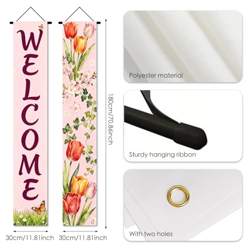 Image of Nuxovilar Spring Tulip Butterfly Banners Set 12x70 Inches Polyester | Spring Porch Sign, Hanging Decor Floral Welcome Banner, Tulip Butterfly Accent Patio, Yard, Outdoor (Floral Spring)