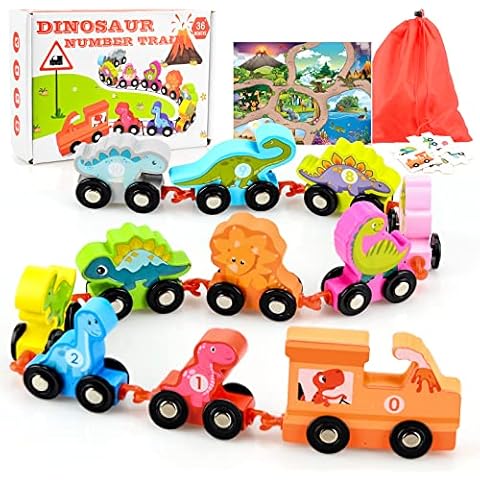 Wooden Train Toys Set for 2 3 4 Year Olds Toddler, Dinosaur Train Toy Set with Number 0-10 for Ages 2 3 4 Years Old Boys Kids, Montessori Educational Car Toys Gifts for Boys and Girls Cover