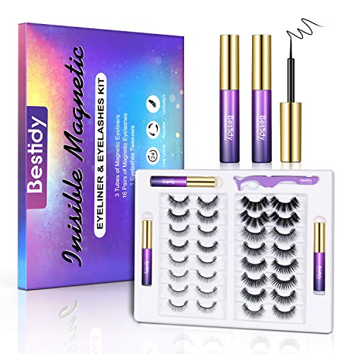 Bestidy Magnetic Eyelashes with Eyeliner,16 Pairs Upgraded Reusable Magnetic Eyeliner and False Lashes Kit with Tweezers,Easy to Apply and No Glue Needed