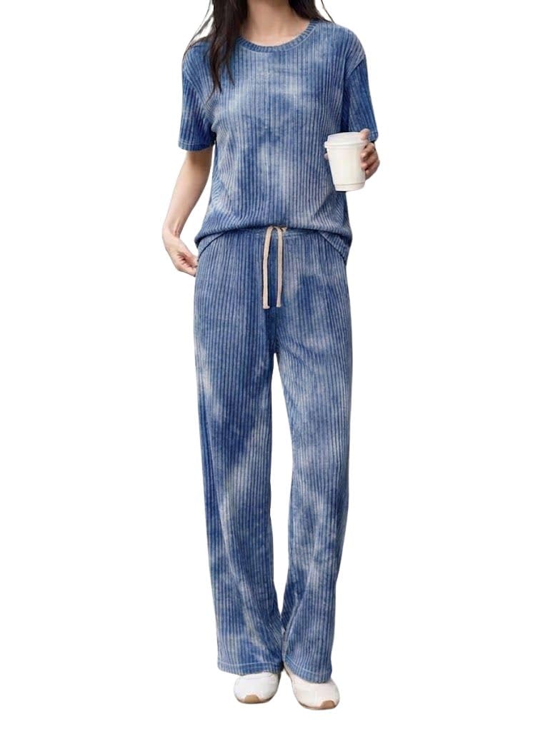 Women's Cotton Blend Tie-dye Relaxed Fit Stylish Pajama Sets || Short Sleeve Top & Long Pant Sleepwear Pjs Lounge Set Co-ords Outfit with Pockets-image-23
