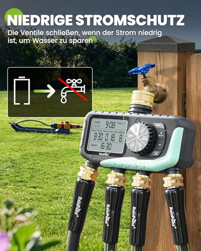 RAINPOINT Bewässerungscomputer 4 Ausgänge, Messing Einlass und Auslass, IP65 Wasserdicht Wasserzeitschaltuhr mit Regenverzögerung/Manueller Bewässerung, Automatische Bewässerung für Rasen und Garten