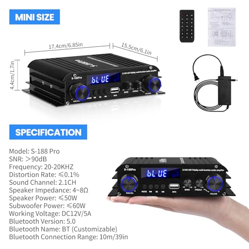 Bluetooth Amplifiers Stereo Audio Receivers Amp for Home Speakers S-188Pro RMS 50WX2+60W 2.1 Channel Max 600W Output Mini Power Amplifier w/FM Radio, Echo, MIC, USB, SD Input for Home Audio