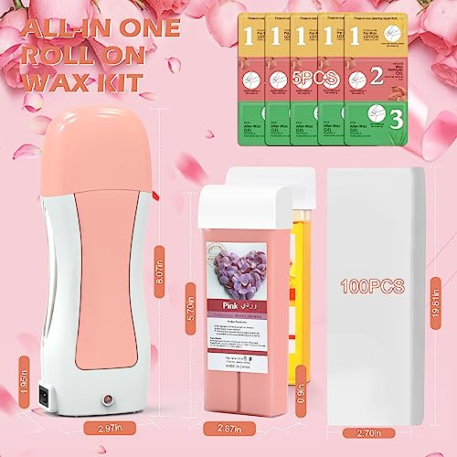 Roll On Waxing Kit, Depilatory Roll On Wax Warmer For Hair Removal With 2 Wax Cartridges Refills 5 Wax Wipe And 100Pcs Wax Strips, At Home Waxing Kit For Women And Men #TOP1