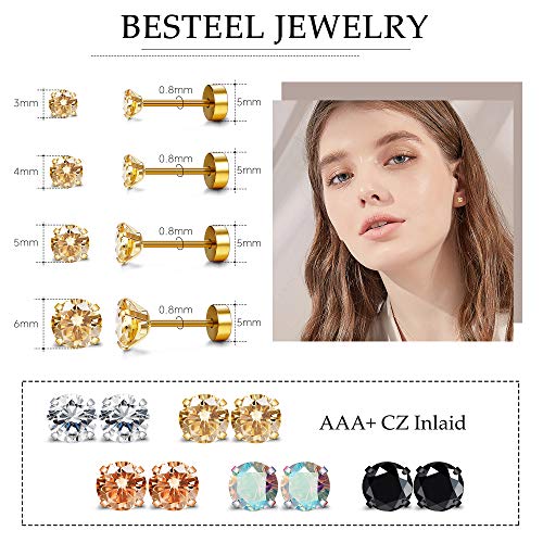 BESTEEL 20G Hypoallergenic Flat Back Earrings for Women Men Surgical Steel Stud Earrings Tiny Cubic Zirconia Cartilage Tragus Earrings Screw Back Earrings Set for Sensitive Ears 2/3/4/5/6MM3