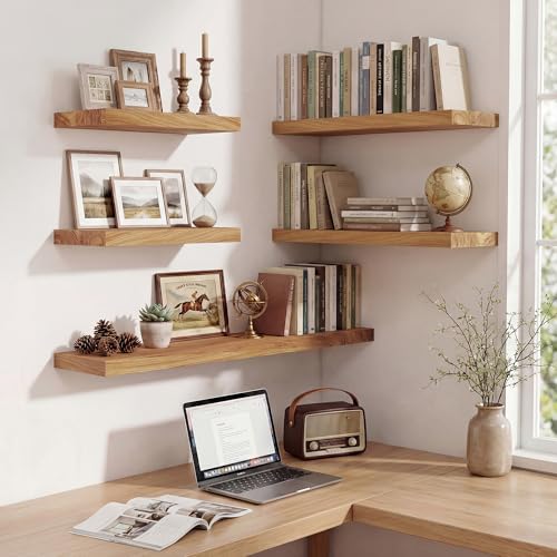 Image of Floating Shelves for Wall, 30in Reclaimed Elm Wood Shelves, Natural, 2PCs | 8'' D Rustic Solid Elm Wood Shelves for Storage, Wall Mounted Display Shelving with Invisible Heavy-Duty Metal Bracket