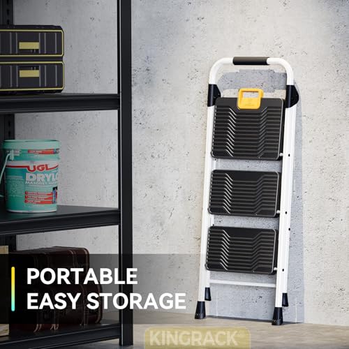 Image of KINGRACK 3 Step Folding Ladder, 800lbs Capacity Step Stool with Safety Lock, Non-Skid Wide Pedals, and Handrail, Lightweight, Household Ladder for Home, Kitchen, Pantry, Closets, and Office Use, White