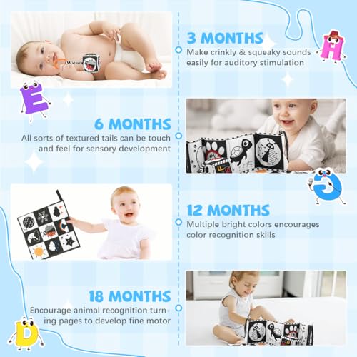 Image of SNOWIE SOFT 3Pcs Cloth Books for Babies 0 to 3 Years, Black and White Crib Cloth Book Panel with Mirror, Sensory Toys, Montessori Visual Stimulation Washable Baby Toys for 6 to 12 Months