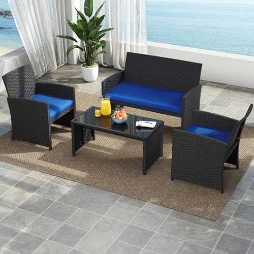 Image of Tangkula 4 Pieces Patio Wicker Furniture Set, Outdoor Heavy Duty Rattan Cushioned Chairs, Loveseat and Tempered Glass Coffee Table, for Backyard, Balcony, Poolside