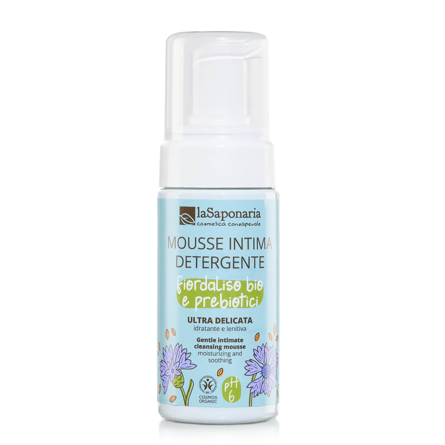La Saponaria | Mousse Intima Biologica e Delicata con Fiordaliso Bio e Prebiotici, pH 6, Idratante e Lenitiva, Ideale per Menopausa e Età Prepuberale, 100ml