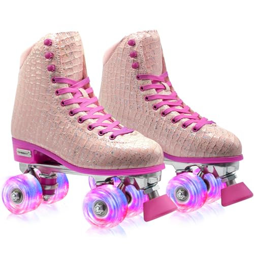 SMOOJOY Roller Skates for Women Girls and Kids, Light Up Wheels - Rose Red Quad Outdoor PU Leather High-Top Design Derby Rollerskates for Beginners Youth Sizes 2 3 4 5 6 7 8 9 10 11