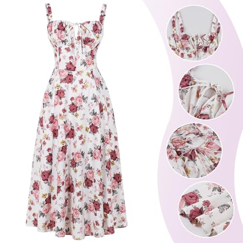 Image of Women Floral Corset Dress 2026 Boho Midi Sundress Summer Dress | Flowy A-Line Dress with Adjustable Spaghetti Straps Lace Up Back Front Slit High Waist for Vacation Wedding Guest