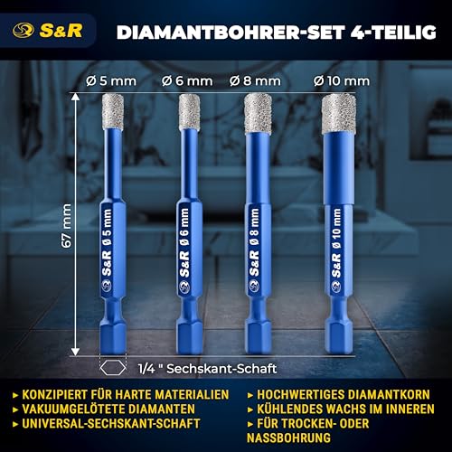 S&R Diamantbohrer Set 8-tlg, 4 x Diamant-Bohrer 5, 6, 8, 10 mm, 4 x YG8 Karbid Hartmetall-Bohrer 4, 5, 6, 8 mm, für Harte Keramik, Fliesen, Granit, Glas, Porzellan, Marmor, Feinsteinzeug, in Rundbox