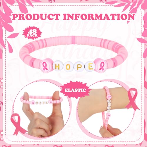 Tondiamo 24 Pcs Hope Breast Cancer Awareness Bracelets for Women Polymer Clay Beaded Ribbon Bracelets Breast Cancer Awareness Accessories Gift Bulk for Women3